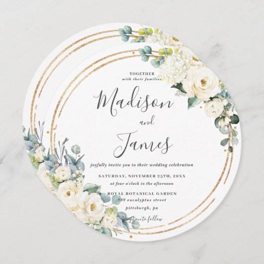 Eukalyptus Wedding Gold Circle Einladung (Vorne/Hinten)