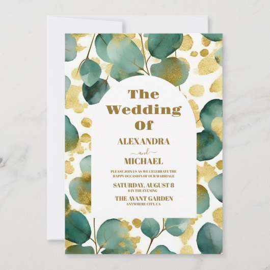 Eukalyptus Wedding Gold Glitzer Einladung (Vorderseite)