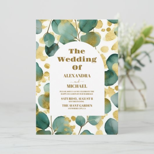Eukalyptus Wedding Gold Glitzer Einladung (Stehend Vorderseite)