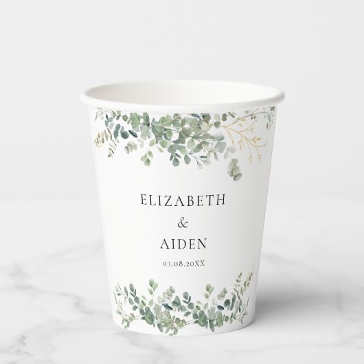 Eukalyptus Wedding Handwriting Script Wedding Pappbecher (Rückseite)