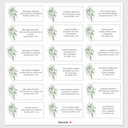 Eukalyptus Wedding Invasionsadresse Labels (Blatt)