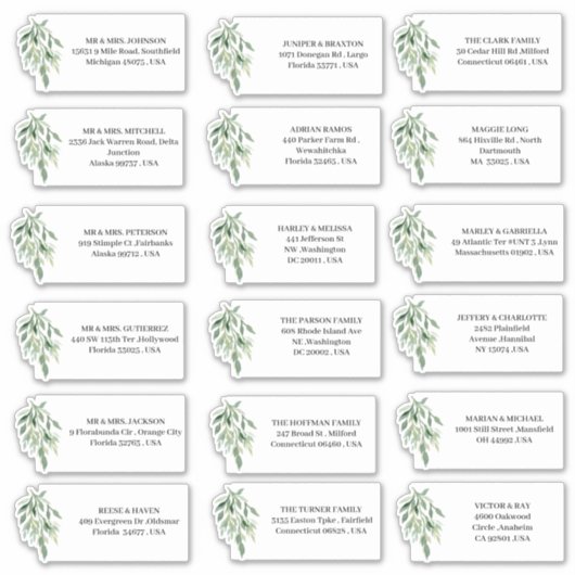 Eukalyptus Wedding Invasionsadresse Labels (Vorderseite)