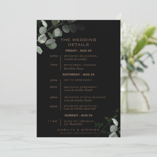 Eukalyptus Wedding Itinerary Einladung (Stehend Vorderseite)