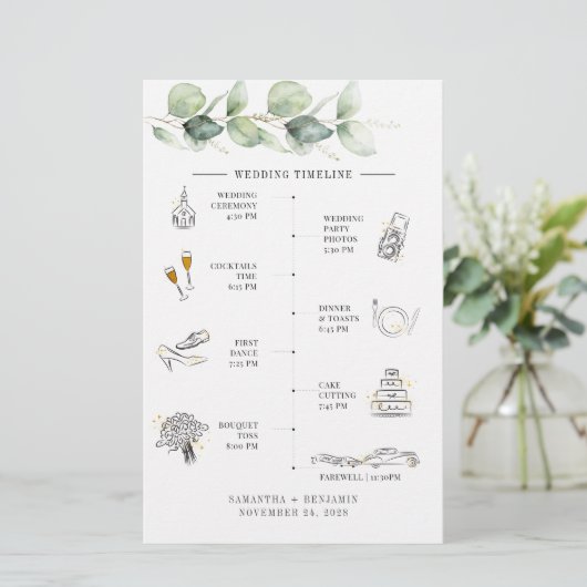Eukalyptus Wedding Itinerary Timeline Briefpapier (Stehend Vorderseite)