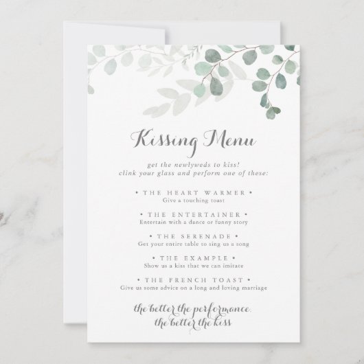 Eukalyptus Wedding Kissing Menu Game Card (Vorderseite)