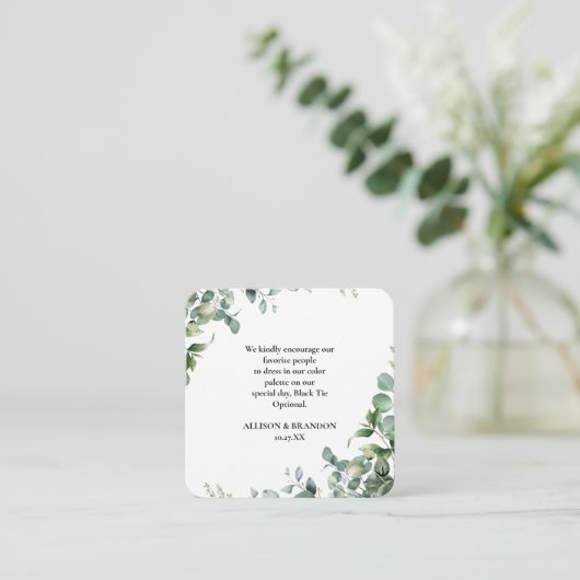 Eukalyptus Wedding Kleidung Code Begleitkarte (Stehend Vorderseite)