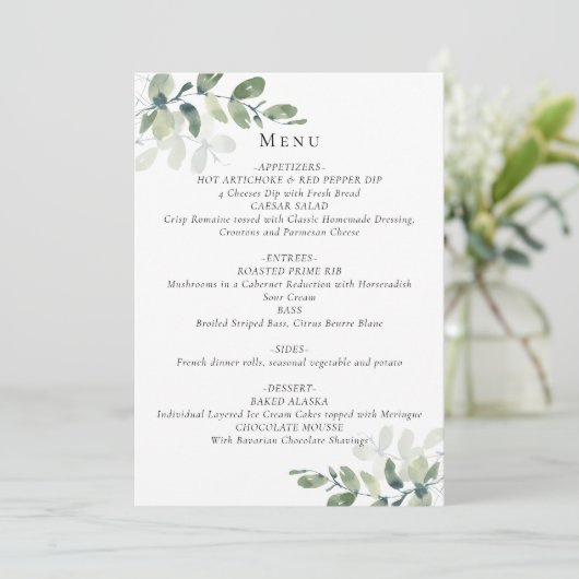 Eukalyptus Wedding Menu Card Einladung (Stehend Vorderseite)