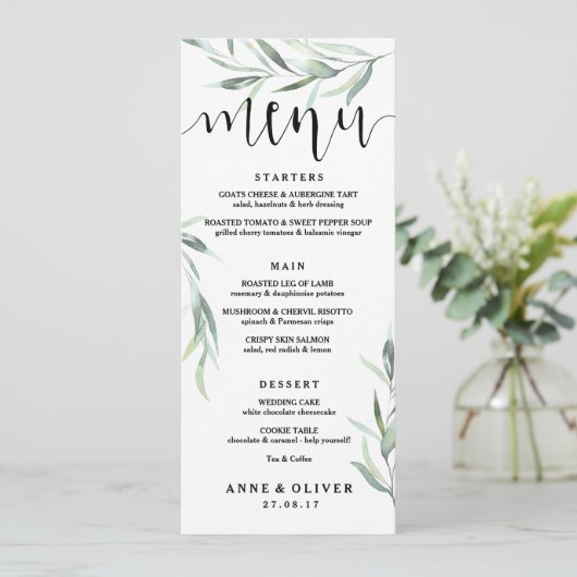 Eukalyptus Wedding Menu Card Menükarte (Stehend Vorderseite)