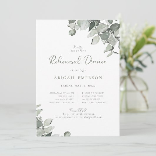 Eukalyptus Wedding Probe Dinner Einladung (Stehend Vorderseite)