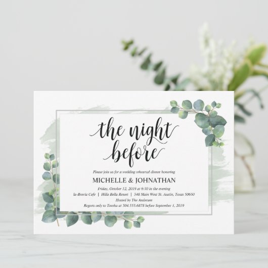 Eukalyptus Wedding Probe Dinner Einladung (Stehend Vorderseite)