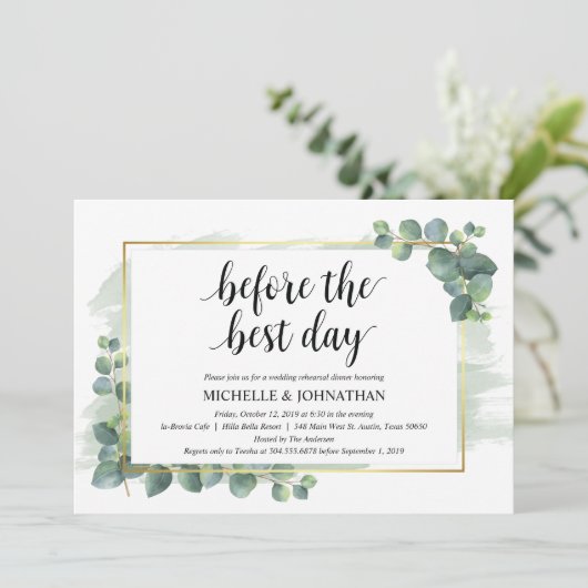 Eukalyptus Wedding Probe Dinner Einladung (Stehend Vorderseite)