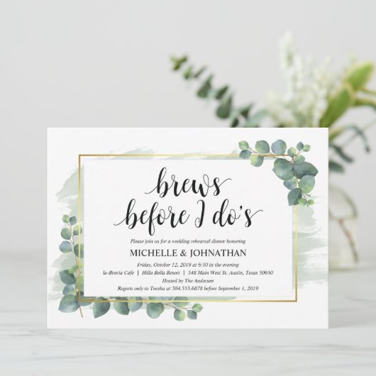 Eukalyptus Wedding Probe Dinner Einladung (Stehend Vorderseite)