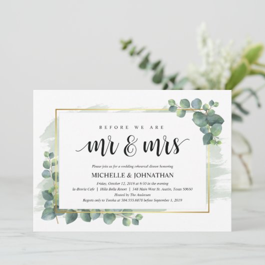 Eukalyptus Wedding Probe Dinner Einladung (Stehend Vorderseite)