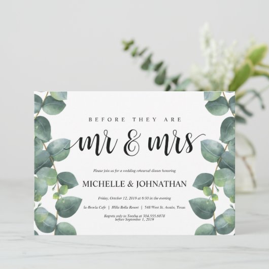 Eukalyptus Wedding Probe Dinner Einladung (Stehend Vorderseite)