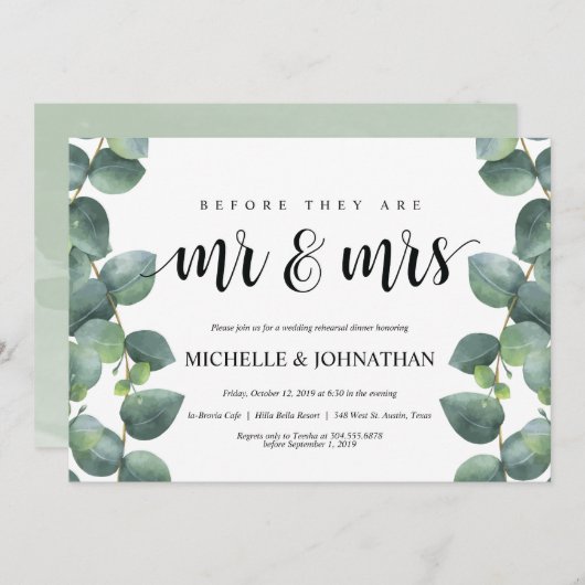 Eukalyptus Wedding Probe Dinner Einladung (Vorne/Hinten)