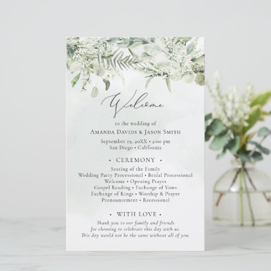 Eukalyptus Wedding Program Dusty Blue Greenery (Stehend Vorderseite)