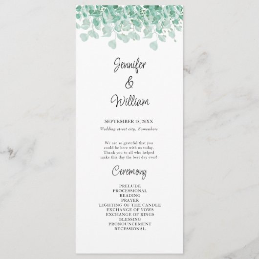 Eukalyptus Wedding Program für elegante Blumengrün Programm (Vorderseite)