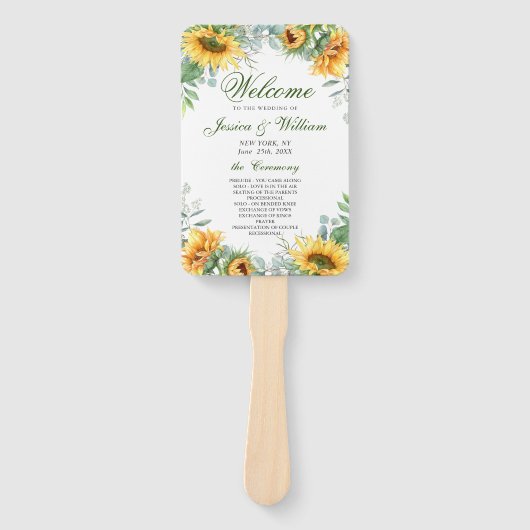 Eukalyptus Wedding Program für elegante Sonnenblum Fächer (Vorderseite)