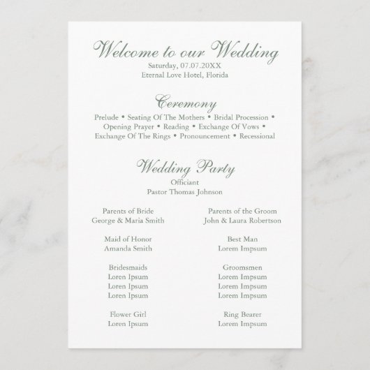 Eukalyptus Wedding Program für moderne Grünpflanze Programm (Rückseite)