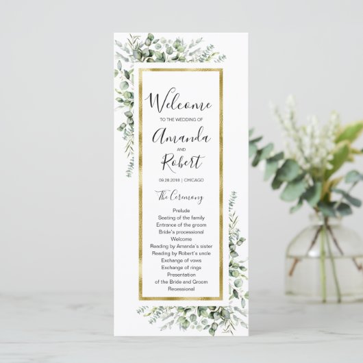 Eukalyptus Wedding Program Gold Greenery (Stehend Vorderseite)