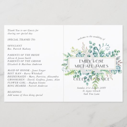 Eukalyptus Wedding Program Greenery Blätter (Vorderseite)
