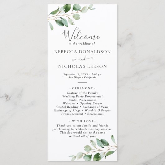 Eukalyptus Wedding Program Simple Greenery Menükarte (Vorderseite)