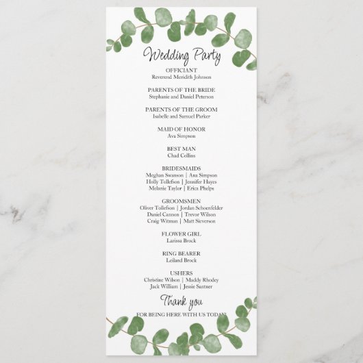 Eukalyptus Wedding Program Watercolor Greenery Programm (Rückseite)