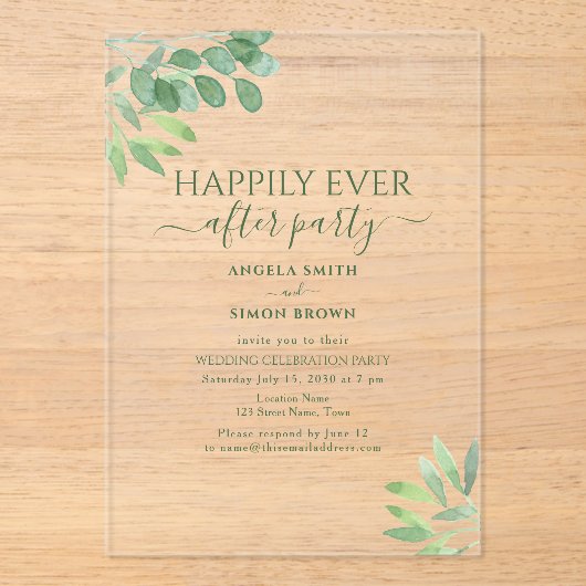 Eukalyptus Wedding Reception Acryleinladungen (Vorderseite)