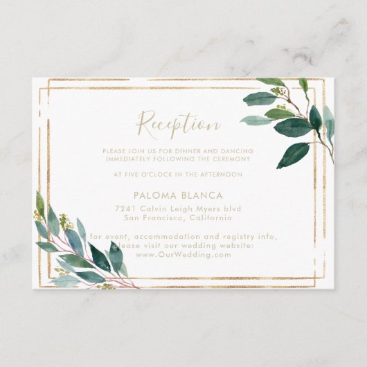 Eukalyptus Wedding Reception Gold Geometric Chic Begleitkarte (Vorderseite)
