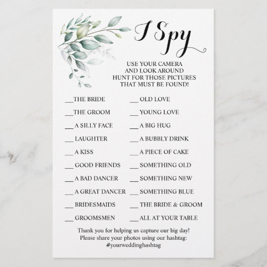 Eukalyptus Wedding Reception I Spy Game Card Flyer (Vorne)