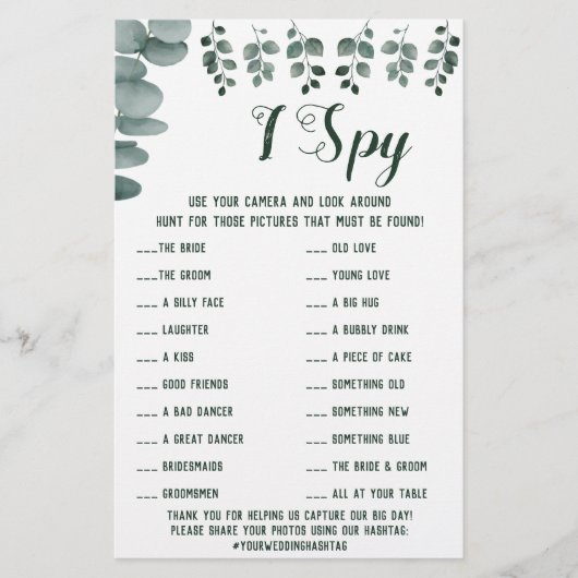 Eukalyptus Wedding Reception I Spy Game Card Flyer (Vorne)