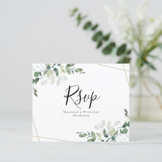 Eukalyptus Wedding RSVP Postcard (Stehend Vorderseite)
