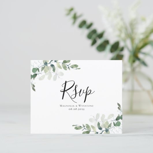 Eukalyptus Wedding RSVP Postcard (Stehend Vorderseite)