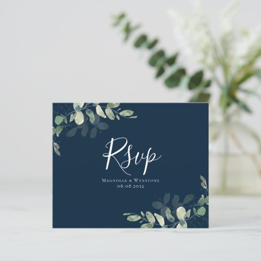 Eukalyptus Wedding RSVP Postcard (Stehend Vorderseite)