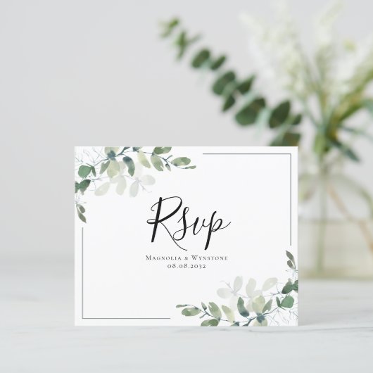 Eukalyptus Wedding RSVP Postcard (Stehend Vorderseite)