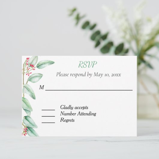 Eukalyptus Wedding RSVP Response Card (Stehend Vorderseite)
