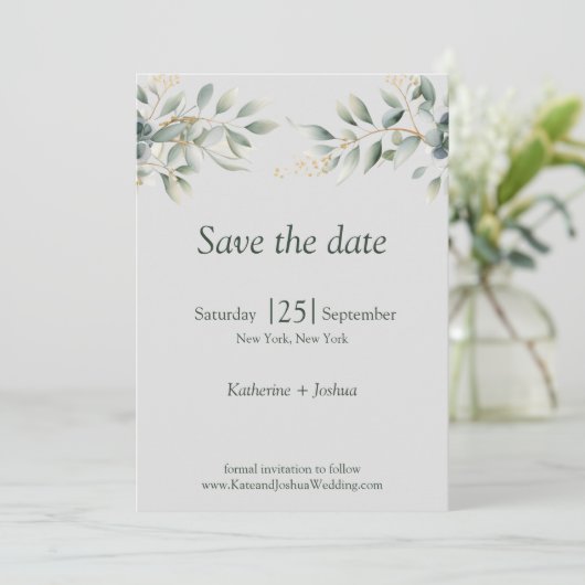 Eukalyptus Wedding Save The Date (Stehend Vorderseite)