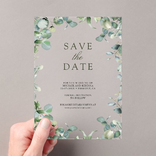 Eukalyptus Wedding Save the Date Acryleinladungen (Insitu (Handheld))
