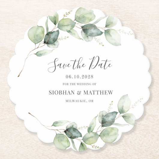 Eukalyptus Wedding Save the Date Announction Untersetzer (Vorderseite)