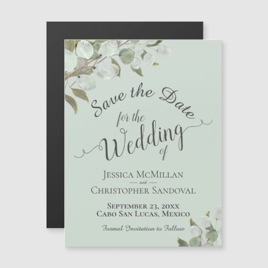Eukalyptus Wedding Save the Date Calligrafy Mint Magneteinladung (Vorne/Hinten)