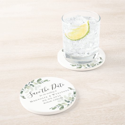 Eukalyptus Wedding Save the Date Getränkeuntersetzer (Seite)
