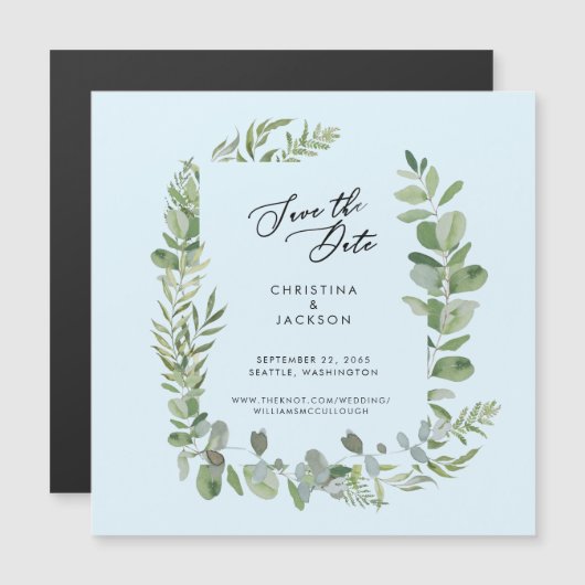 Eukalyptus Wedding Save the Date Ice Blue Magneteinladung (Vorne/Hinten)