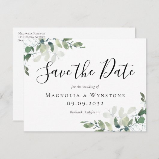 Eukalyptus Wedding Save the Date Postkarte (Vorne/Hinten)