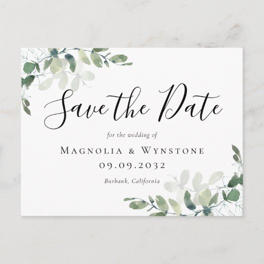 Eukalyptus Wedding Save the Date Postkarte (Vorderseite)