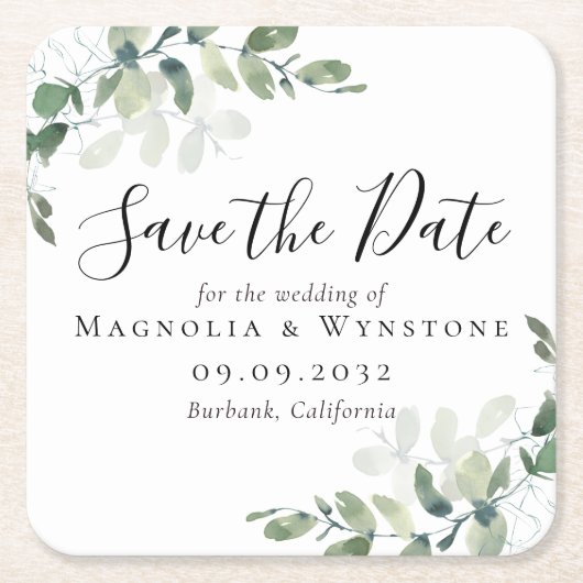 Eukalyptus Wedding Save the Date Rechteckiger Pappuntersetzer (Vorderseite)