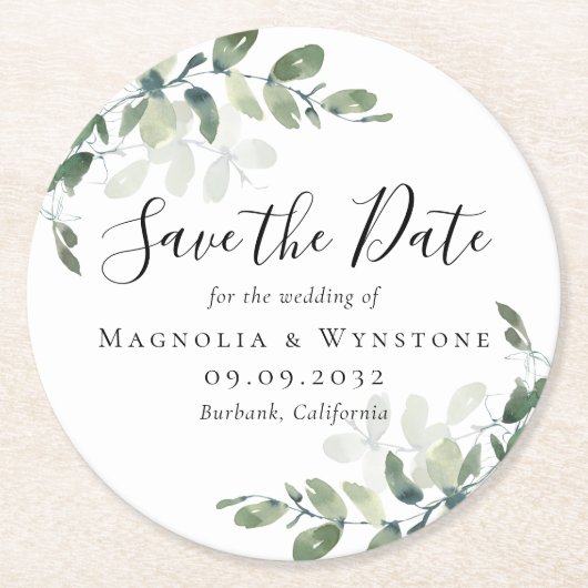 Eukalyptus Wedding Save the Date Runder Pappuntersetzer (Vorderseite)