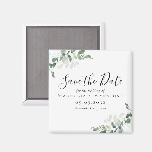 Eukalyptus Wedding Save the Date Square Magnet (Vorderseite/Rückseite)