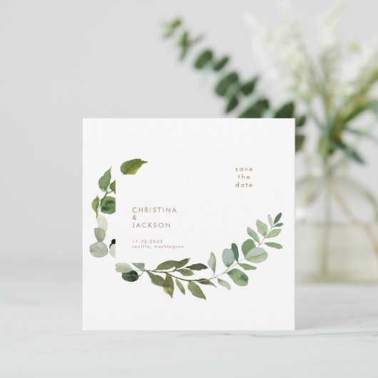 Eukalyptus Wedding Square Save the Date (Stehend Vorderseite)