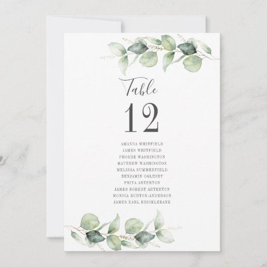 Eukalyptus Wedding Tischnummer mit Gästennamen (Vorderseite)