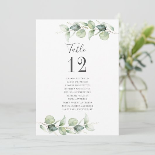Eukalyptus Wedding Tischnummer mit Gästennamen (Stehend Vorderseite)